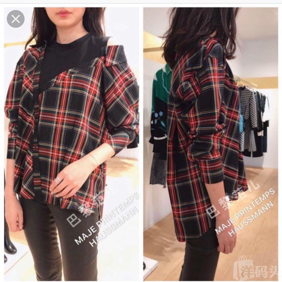 Maje red plaid tartan off shoulder top - Picture 2 of 4